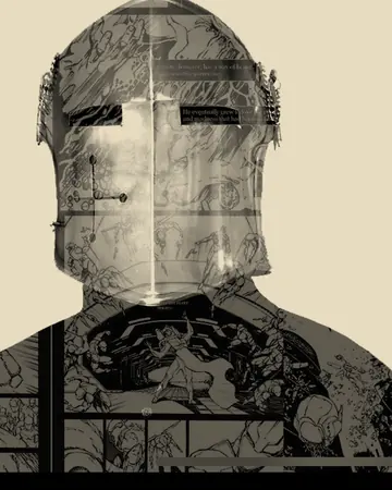 Double-exposure portrait of The Silent Knight: a figure in a great helm, blended with pencil comic panels