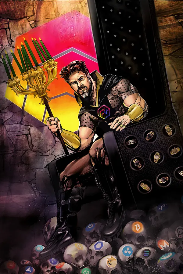 The Hex King, painted in color: a muscular bearded king on a black throne studded with rings, holding a golden candelabra staff over a pile of skulls and crypto coins