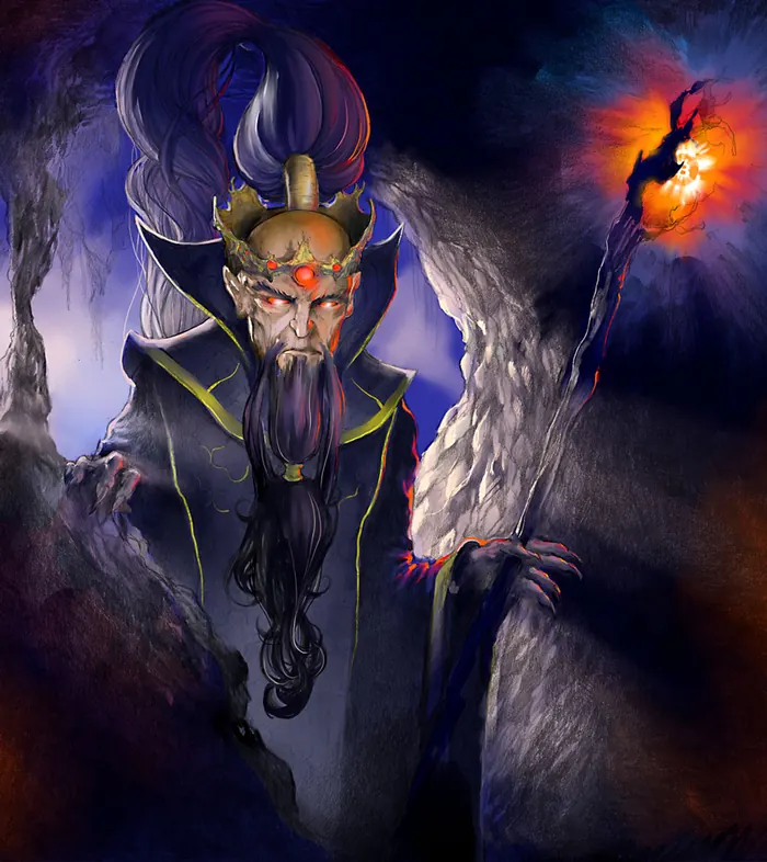 Satoshi, the Bitcoin Wizard: a crowned, bearded wizard king in dark robes, lit by the fiery orange glow of his staff in a shadowed cavern